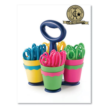 Westcott® Scissor Caddy With Kids' Scissors, 5" Long, 2" Cut Length, Light Blue; Light Green; Pink; Red, Straight Handles, 24-set freeshipping - TVN Wholesale